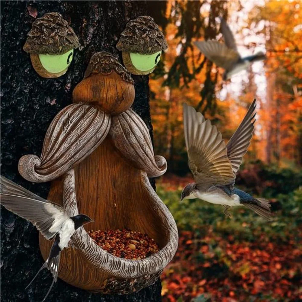 Tree Face Decor Bird Feeder Outdoor, Eyes Glow in Dark Fun Old Man Tree Hugger